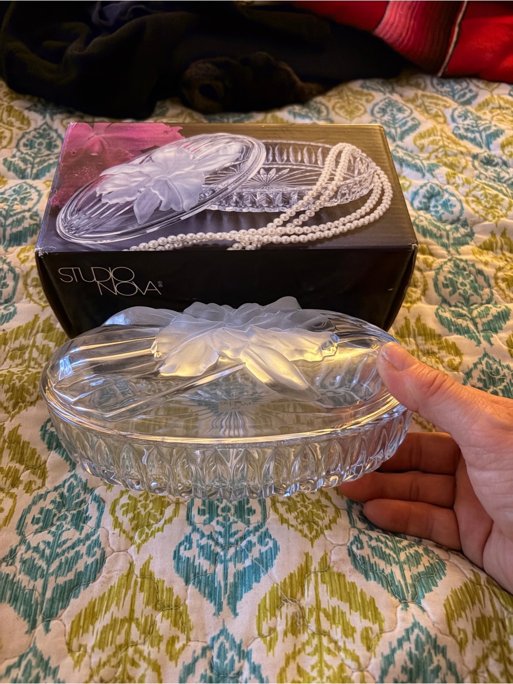 Studio Nova Clear Glass Floral-Top Oval Covered Dish